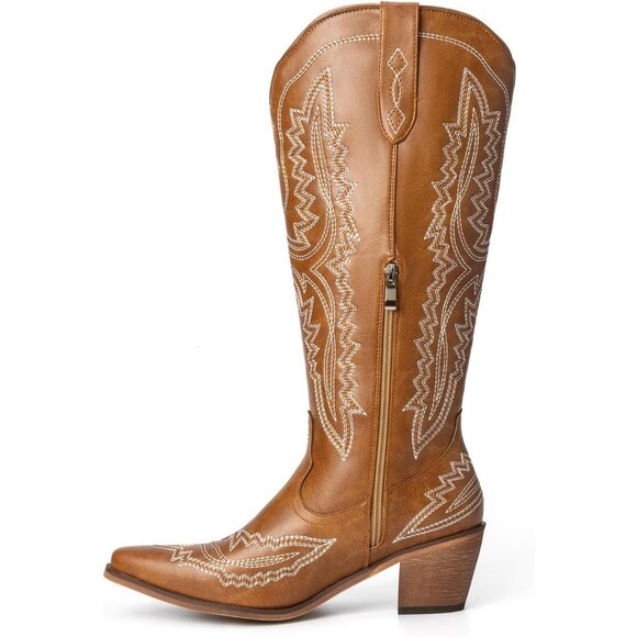⚡Women's Brown Cowgirl Western Knee High Booties Embroidered Side Zipper - Picture 2 of 7